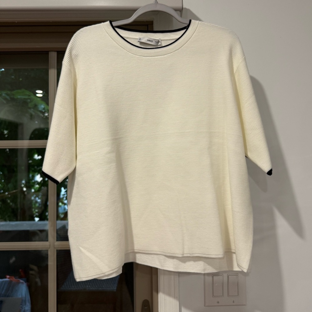 NWT Mango Ivory Ribbed Top with Black Trim